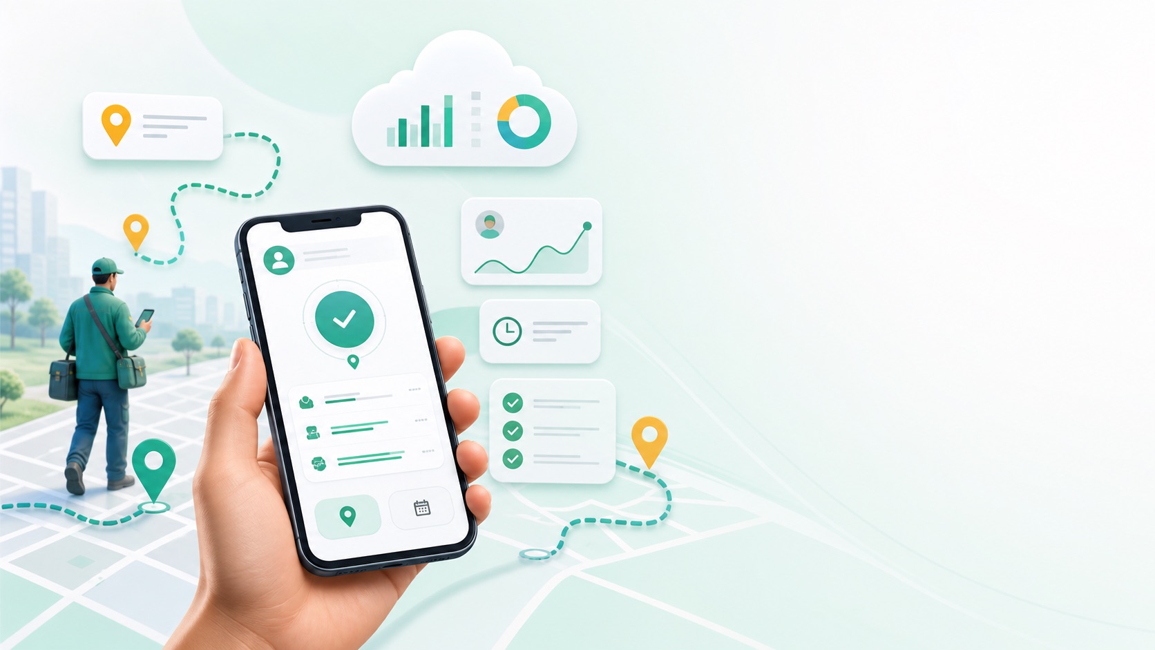 Ilustração de registro de ponto pelo celular com geolocalização, para equipe em campo